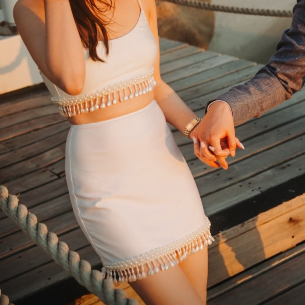 Elegant White Skirt with Pearl Detailing